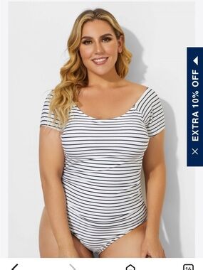 Striped White & Black Short Sleeve One-Piece Swim Suit